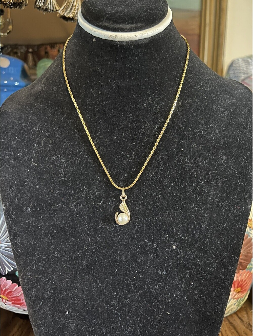 Gold Tone Teardrop Single Faux Pearl Necklace with Clear Rhinestone Accents
